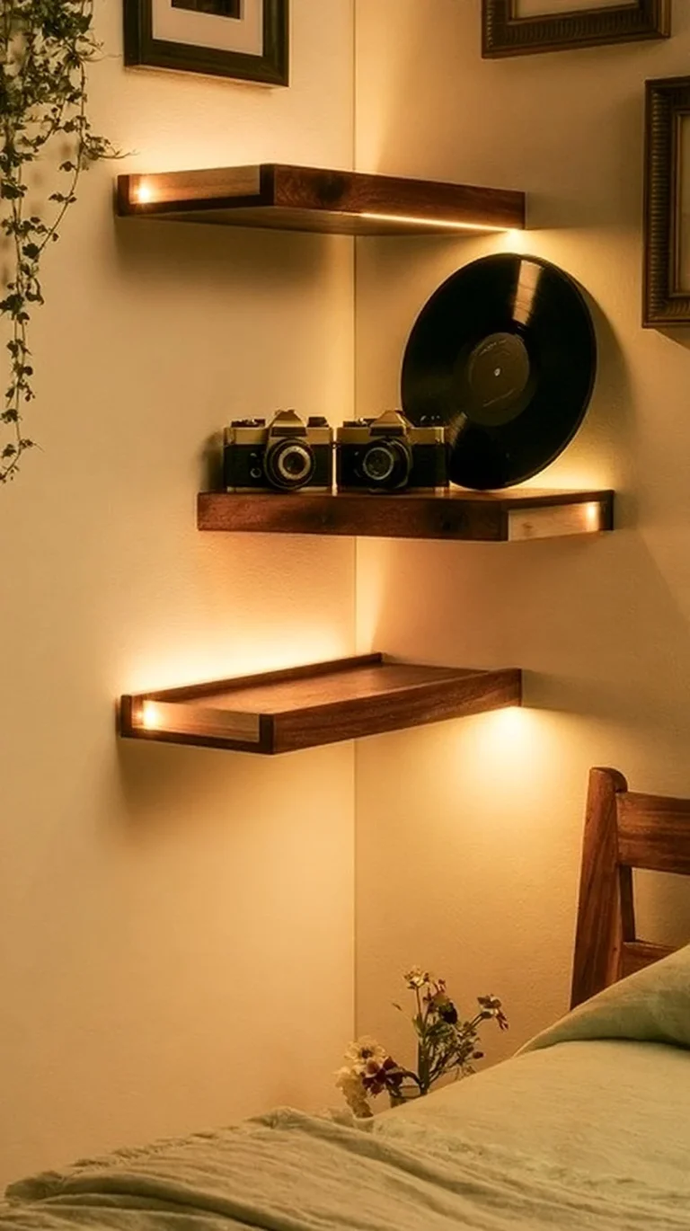 L-shaped wooden corner shelf with LED lighting for space-saving storage.