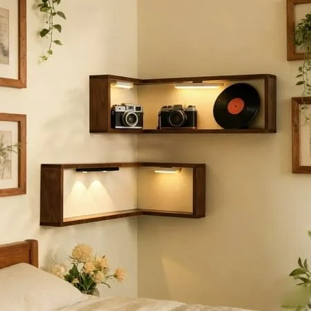 L-shaped Wooden Corner Shelf, Floating Wall-Mounted Display Rack with Optional LED Lighting, Space-Saving Storage Organizer for Home Decor, Size: 40x20cm, Brown
