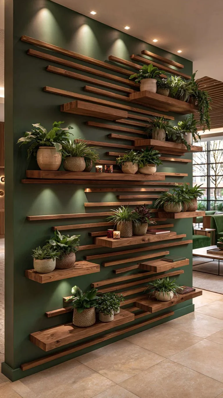 Modern green accent wall with floating wood shelves and plant decor