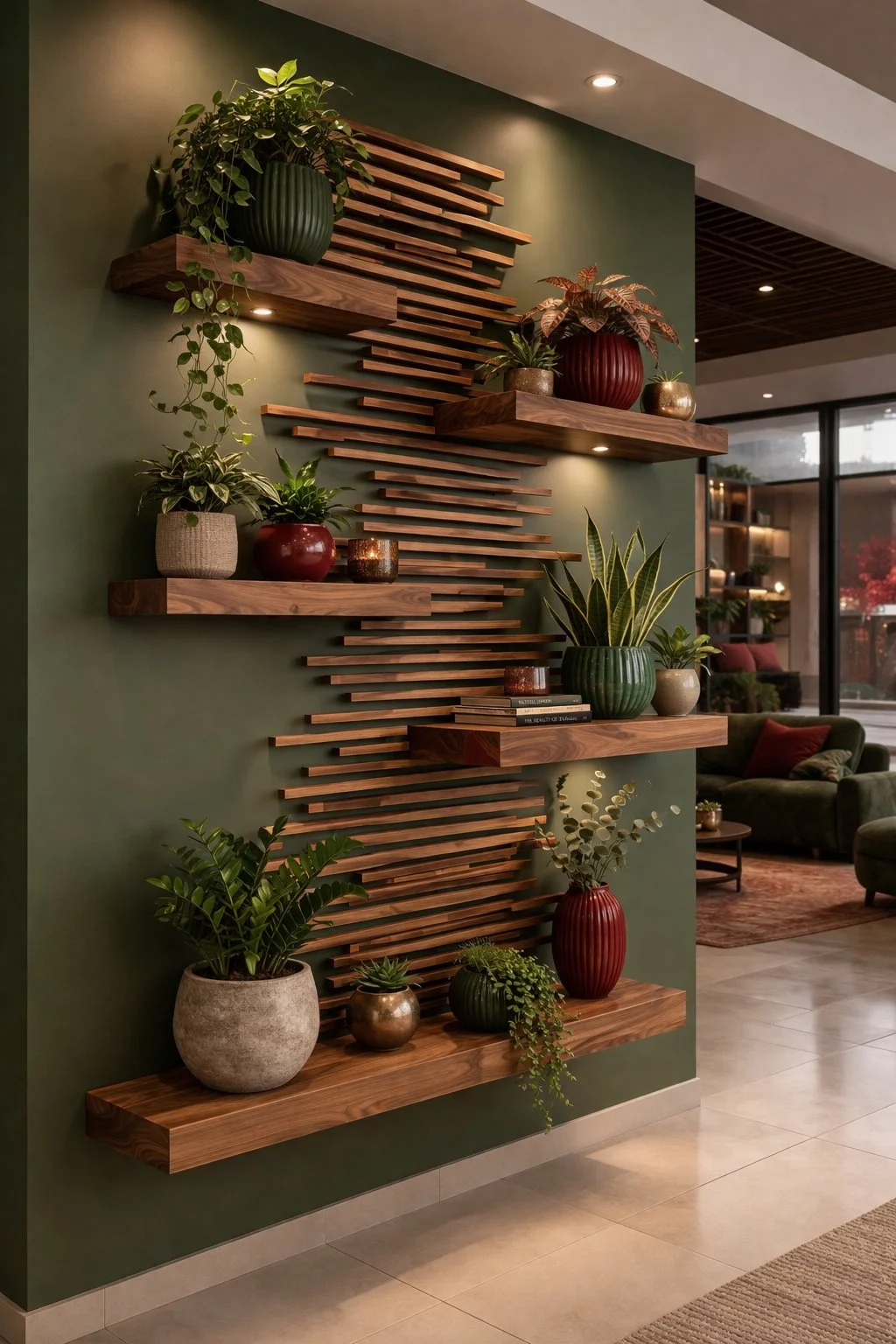 Modern Green Accent Wall with Floating Wood Shelves and Statement Plant Decor