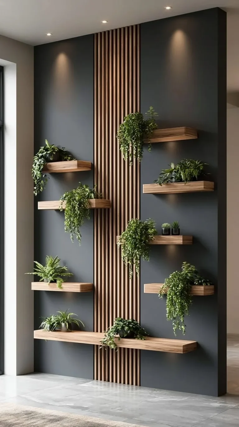 Stylish modern luxury wooden wall shelves adorned with plants in a minimalist setting