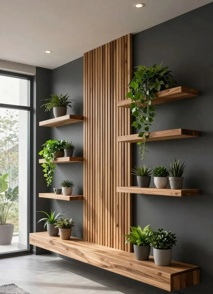 Modern Luxury Wooden Wall Shelves with Plants – Minimalist Interior Design Inspiration 🌿✨