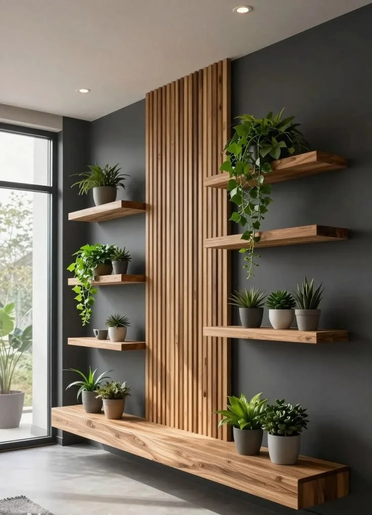 Modern Luxury Wooden Wall Shelves with Plants – Minimalist Interior Design Inspiration 🌿✨