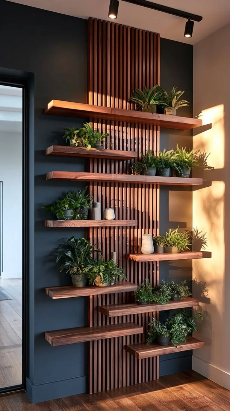 Modern wooden floating shelves with indoor plants as wall decor