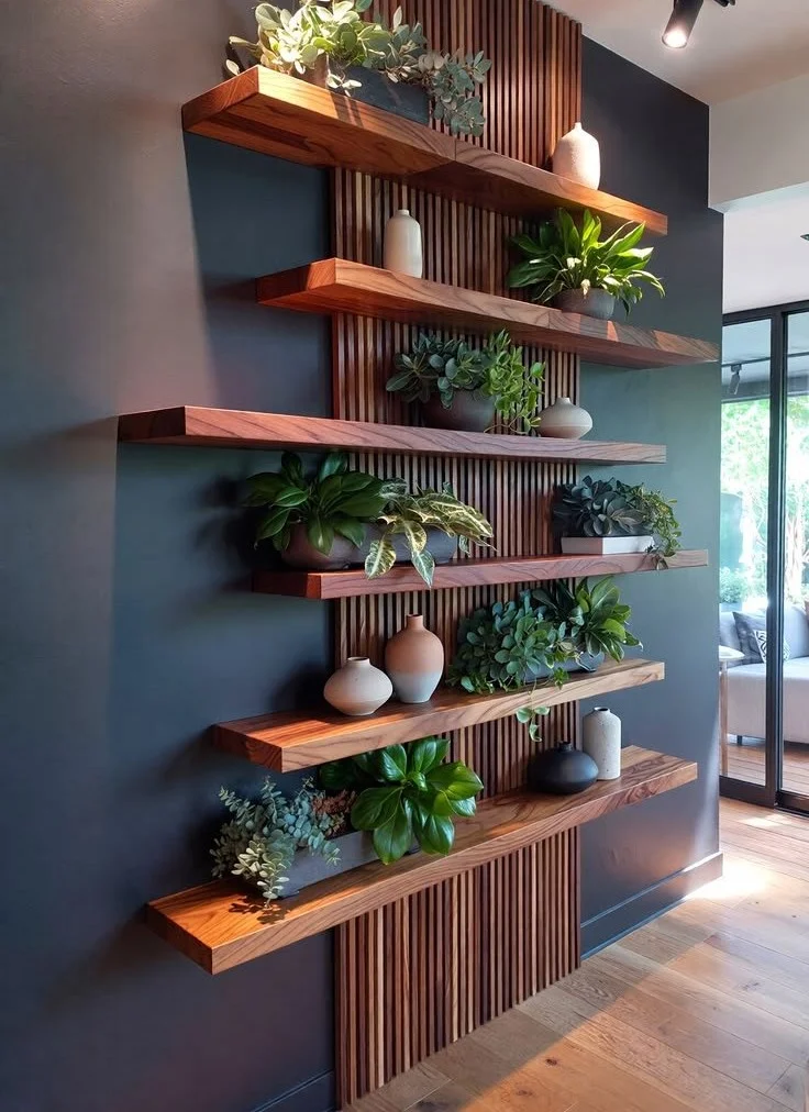 Modern Wooden Floating Shelves Wall Decor with Indoor Plants