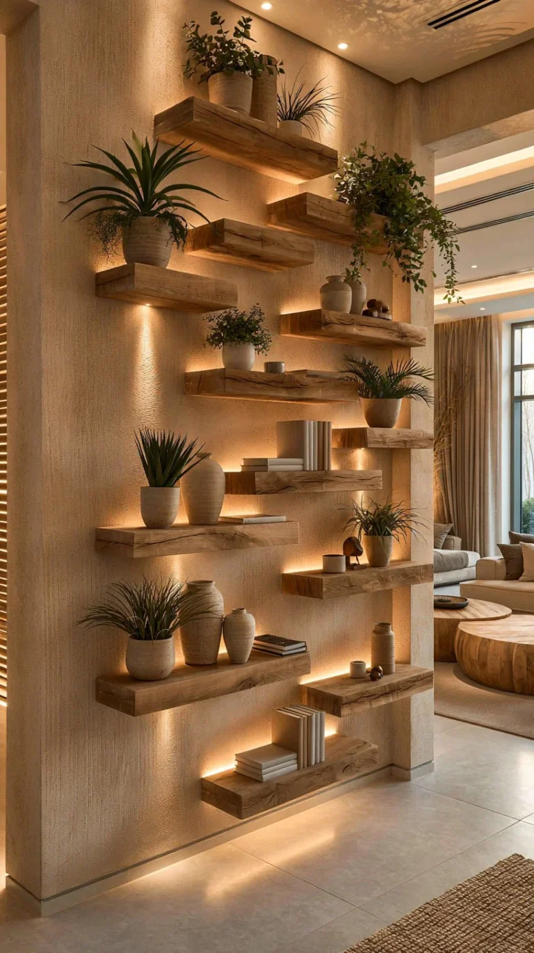 Organic modern plant wall shelves with warm walnut and earthy green accents