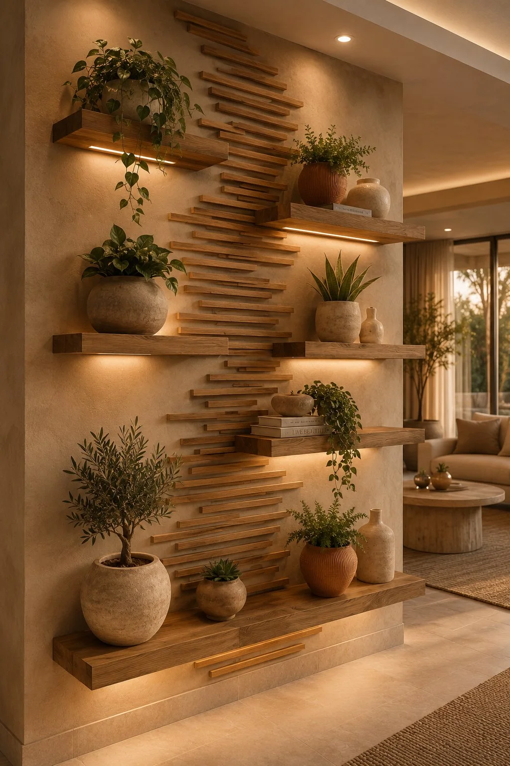 Organic Modern Plant Wall Shelves With Warm Walnut & Earthy Green Accents
