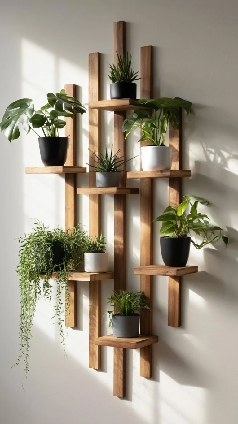 Stylish wooden slat plant wall adorned with various types of greenery.
