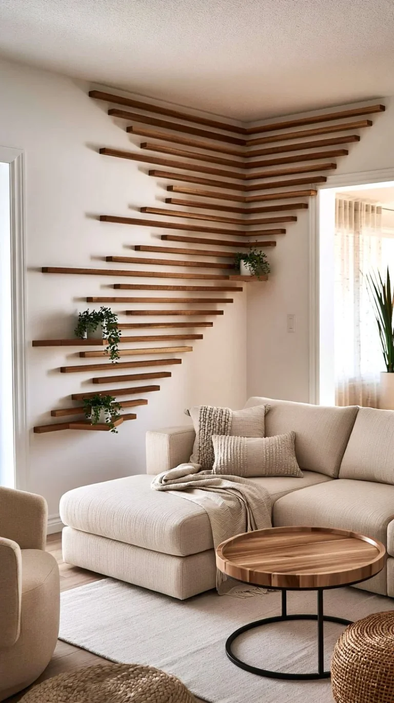Stylish wood wall decor featuring corner shelves and modern wall art